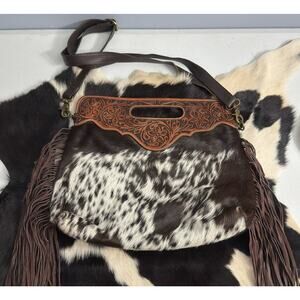 Cow Hide Tooled Leather Tumbleweed Fringe Crossbody Shoulder Handbag Pocketbook